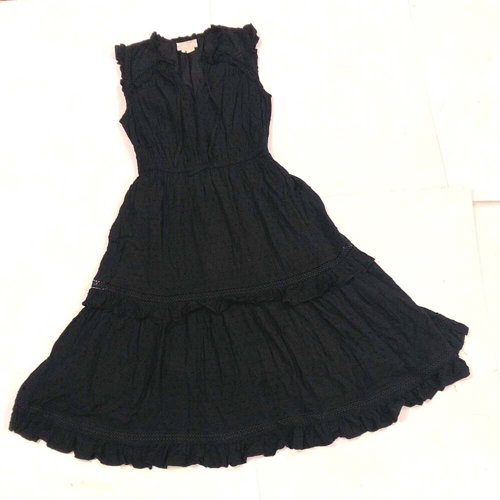 Kate Spade S Dress Black Sleeveless Ruffle Embroidery V Neck Swiss dot Excellent